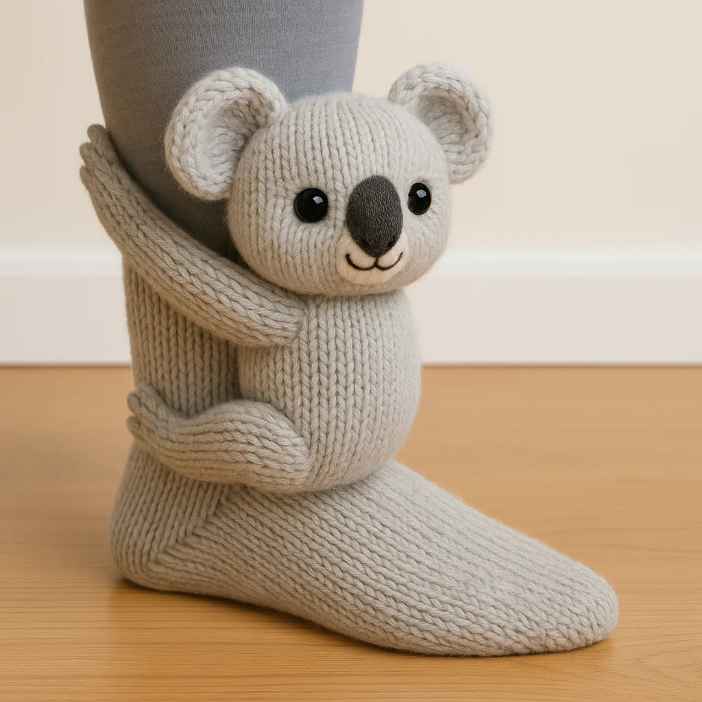 Knit socks with 3D crochet sloth
