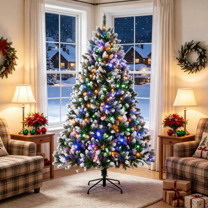 Tall snow-tipped pre-lit tree with remote