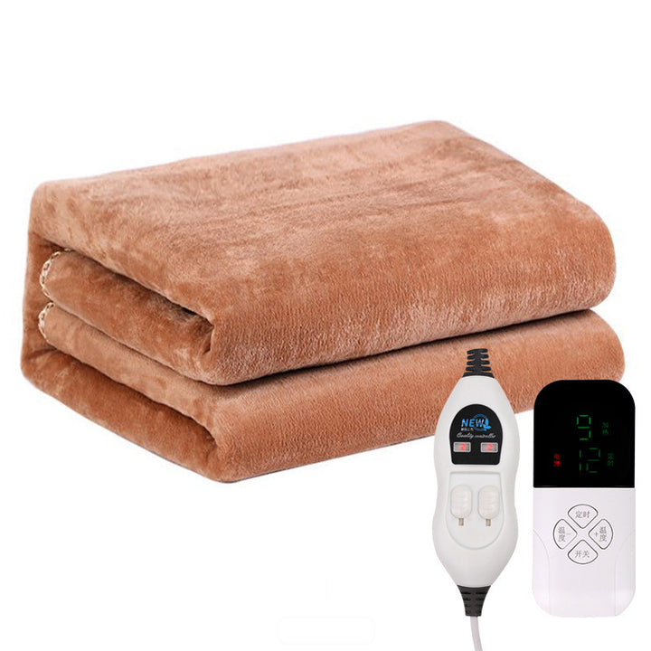Brown flannel electric under blanket on bed