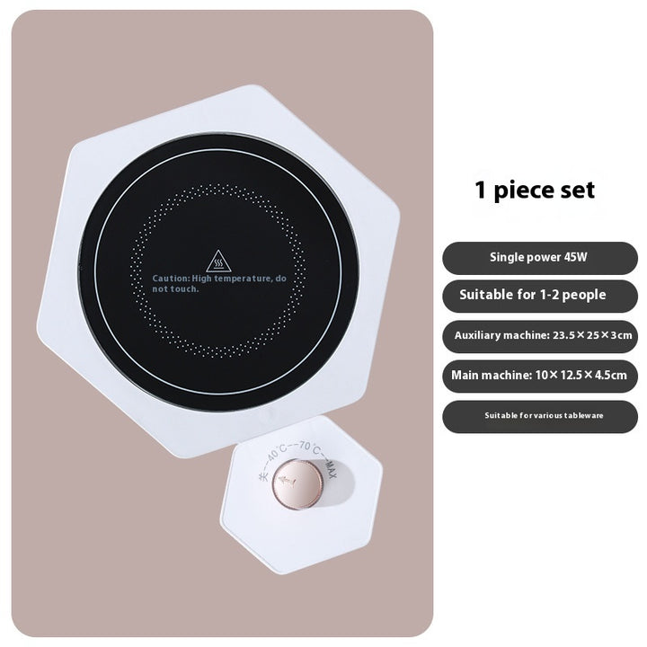 White hexagonal warming plates with dishes on top