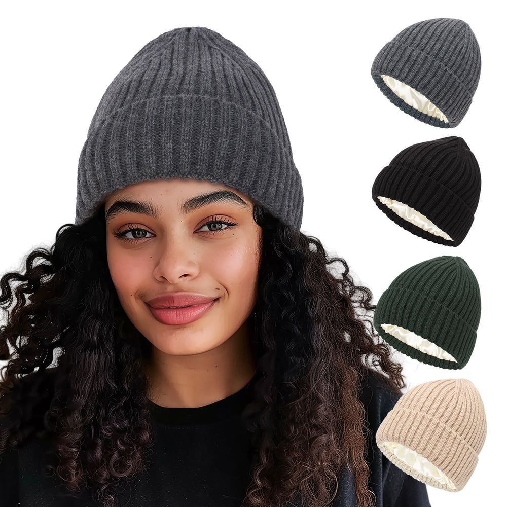 Cream ribbed beanie with satin lining