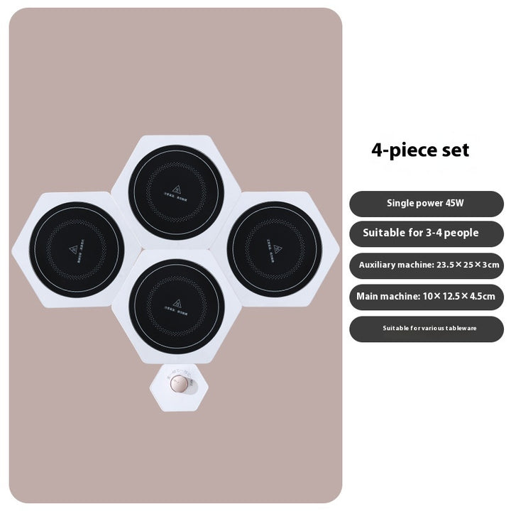 White hexagonal warming plates with dishes on top
