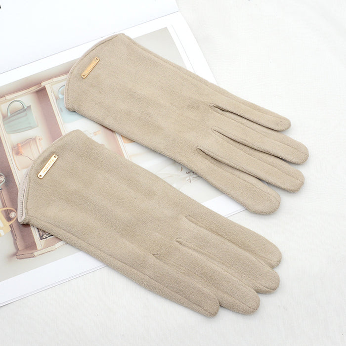 Heat Hollow Faux Suede Touchscreen Gloves with Gold Bar
