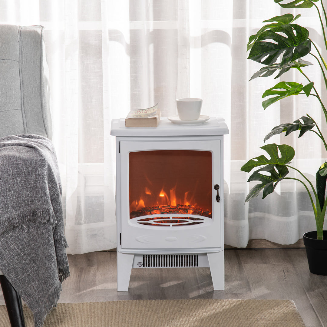 white electric stove with glass door and LED flames