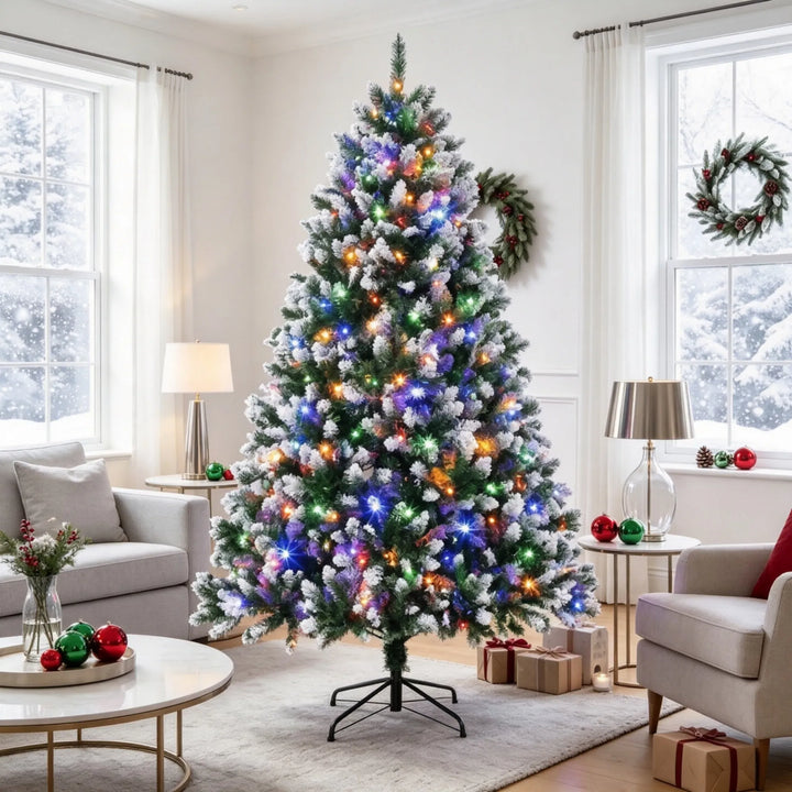Tall snow-tipped pre-lit tree with remote