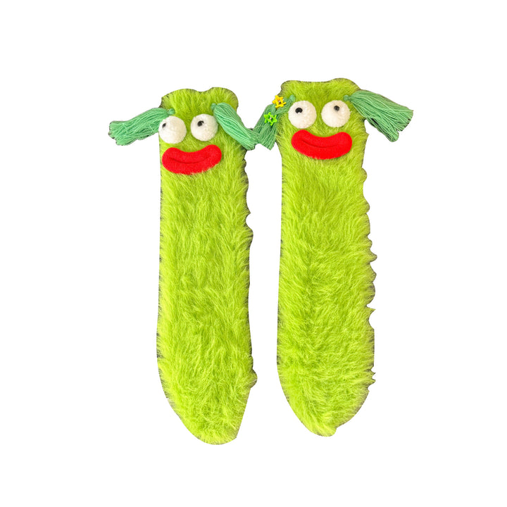 Fluffy socks with googly-eyed monster faces