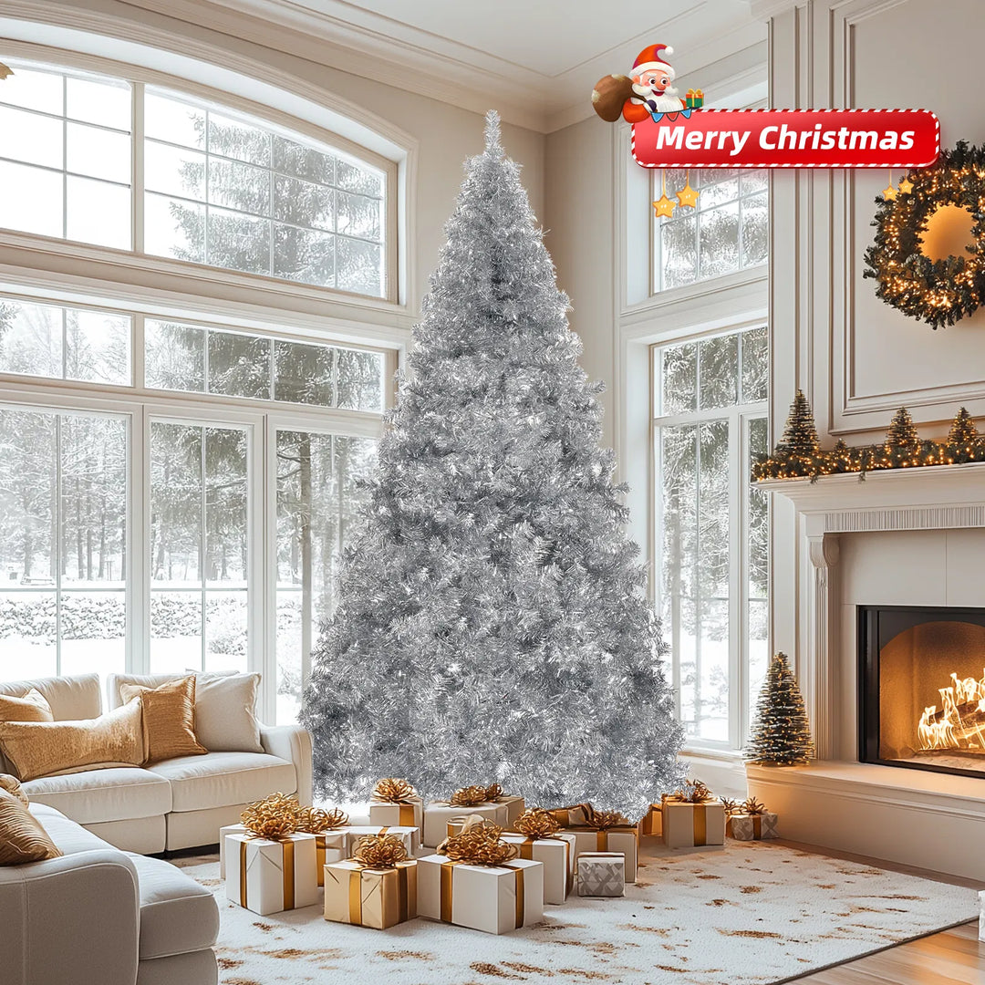 Silver artificial Christmas tree with metal stand
