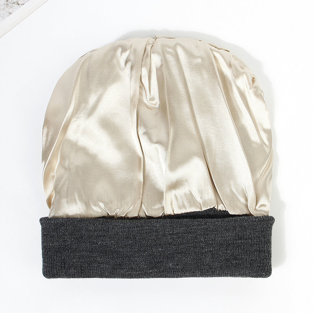 Black double layer cuffed beanie with satin lining