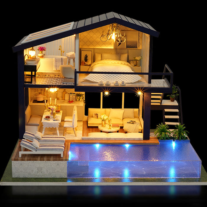 Heat Hollow DIY miniature dollhouse kit with pool and LED lights