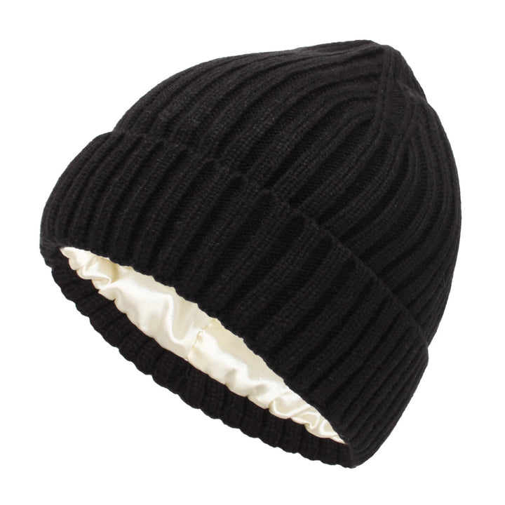 Cream ribbed beanie with satin lining
