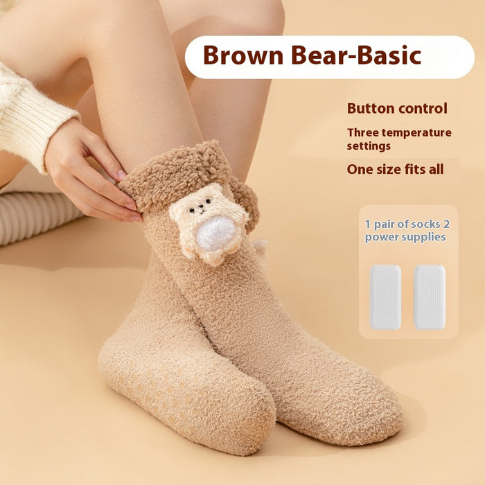 Heat Hollow Heated Plush Socks with Animal Badge, Rechargeable