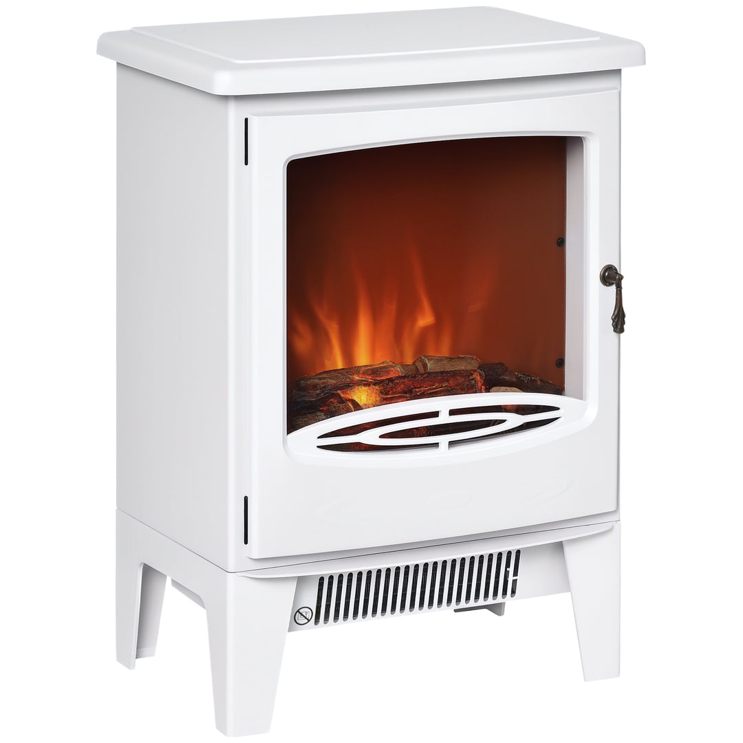 white electric stove with glass door and LED flames
