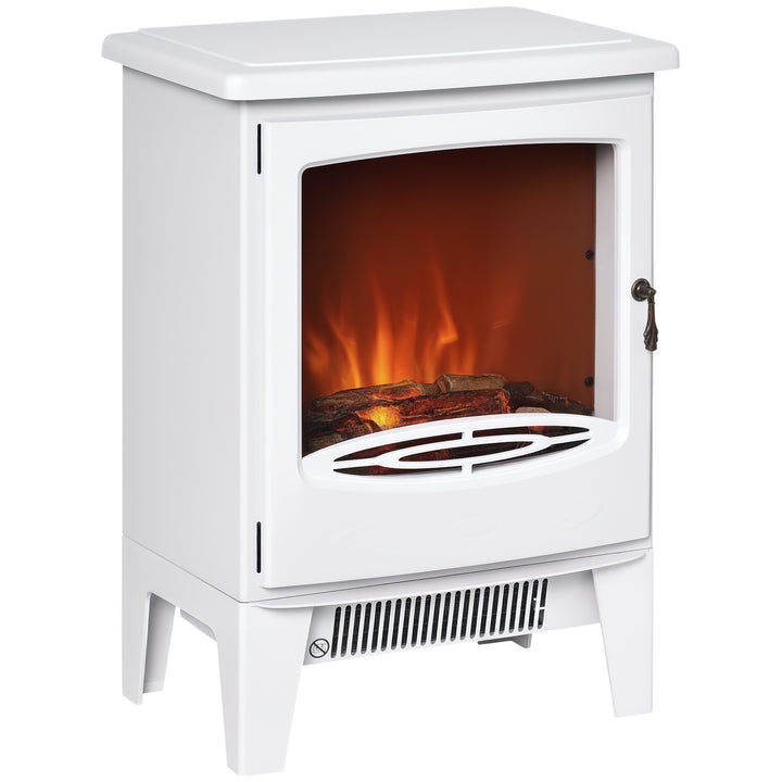 white electric stove with glass door and LED flames