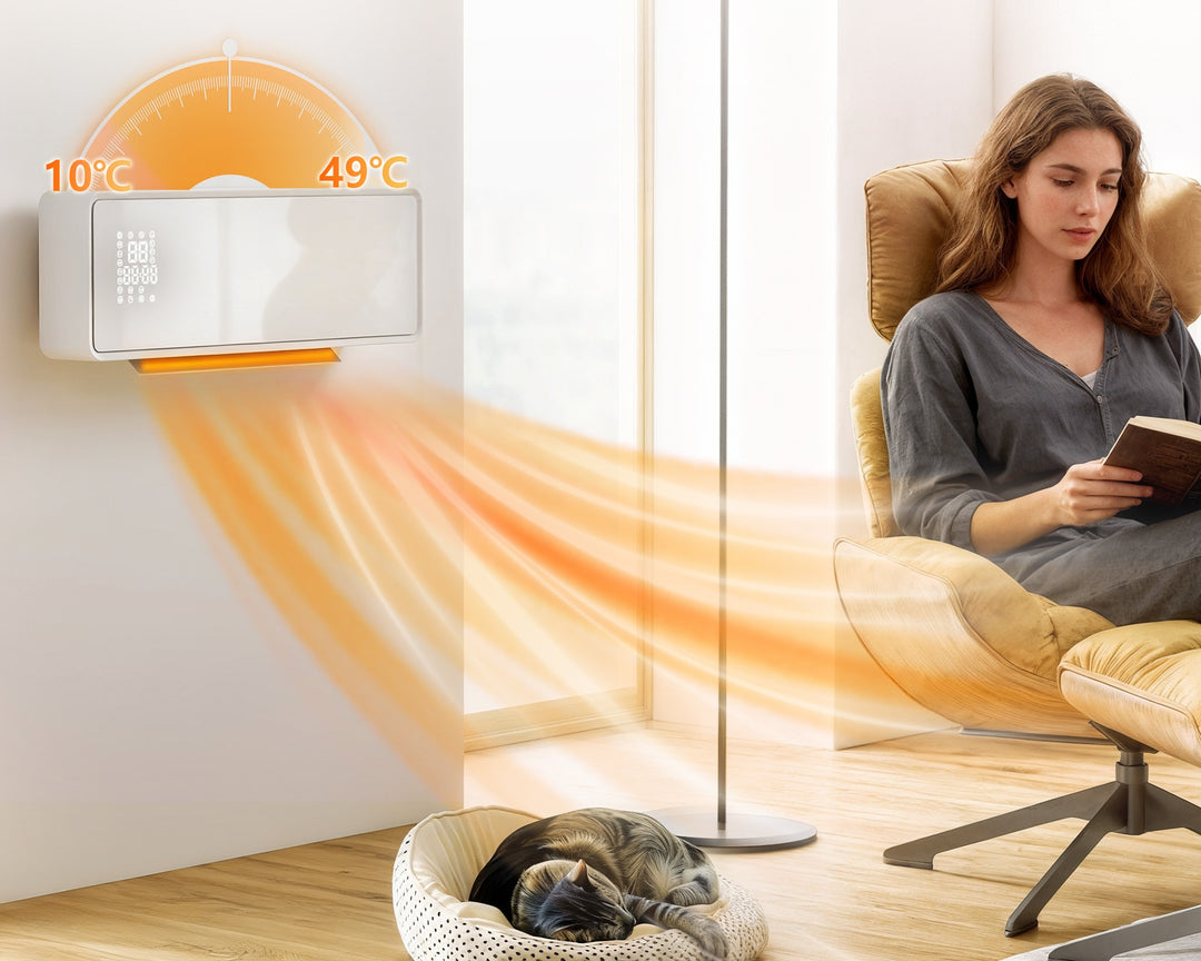 white wall-mounted ceramic fan heater with glass panel