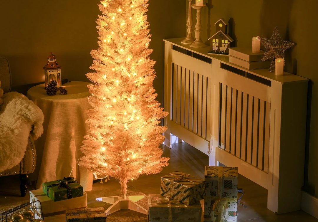 Pink pencil tree with bright warm lights