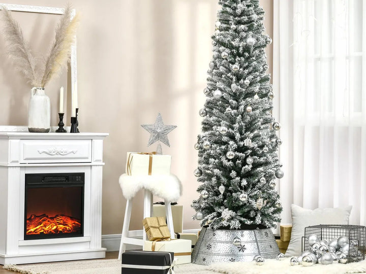 Tall slim snow-flocked tree, unlit