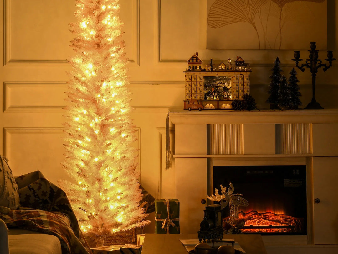 Tall pink pencil tree with warm lights