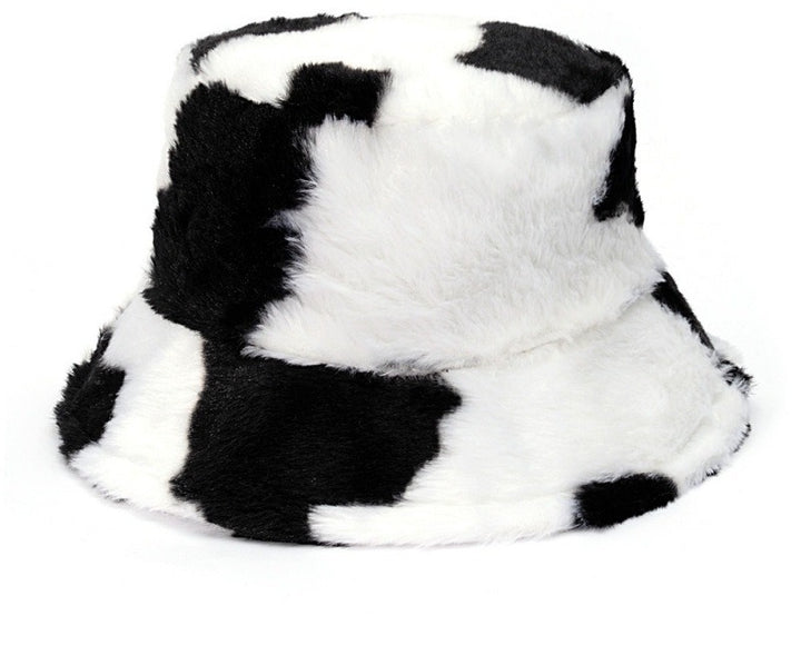 Fluffy cow print faux fur bucket hat