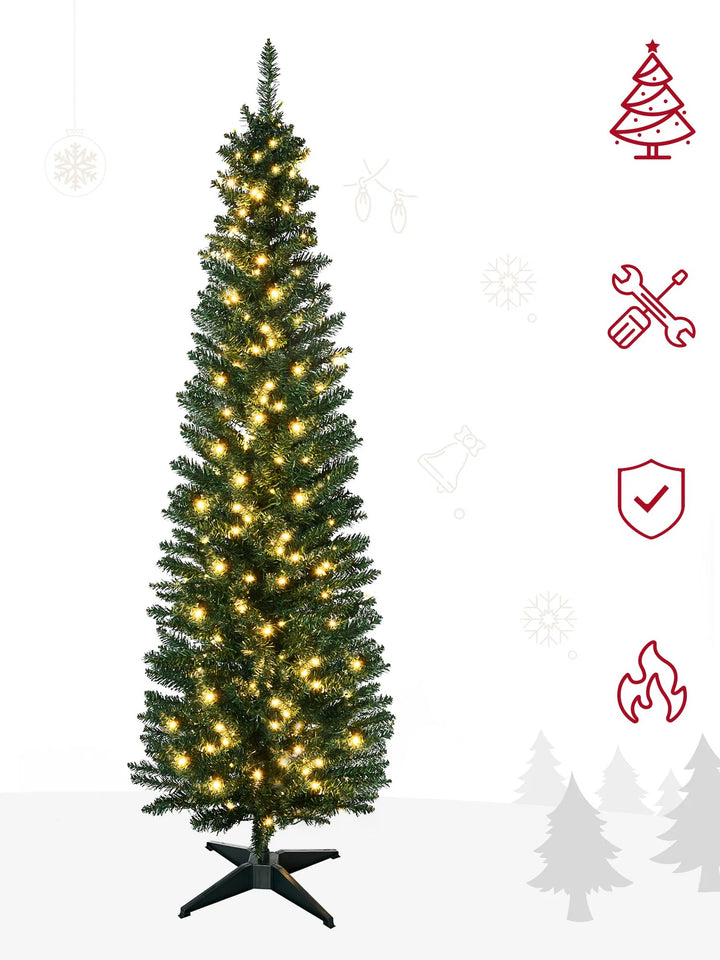 Slim pre-lit pencil Christmas tree in corner