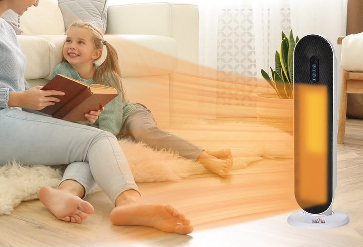 white oscillating ceramic tower heater with remote