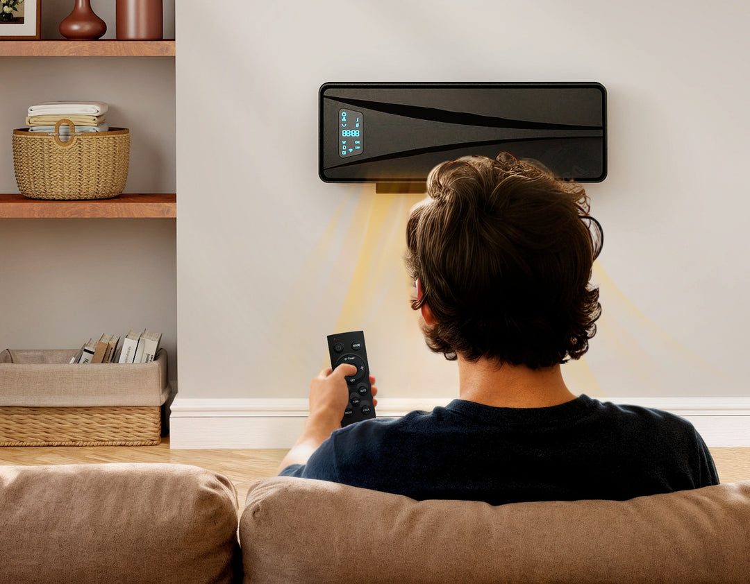 black wall-mounted ceramic fan heater with remote