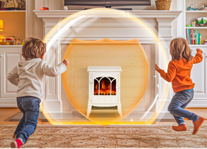 white log-burner style electric fire with LED flames