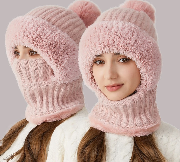 Woman wearing knitted hood with scarf