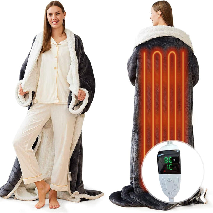 Wearable Heated Blanket - Sherpa Sleeves, Foot Pockets, 6 Heat Settings