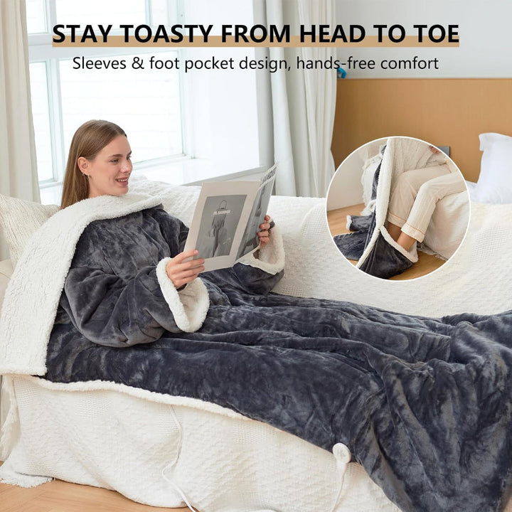 Wearable Heated Blanket - Sherpa Sleeves, Foot Pockets, 6 Heat Settings