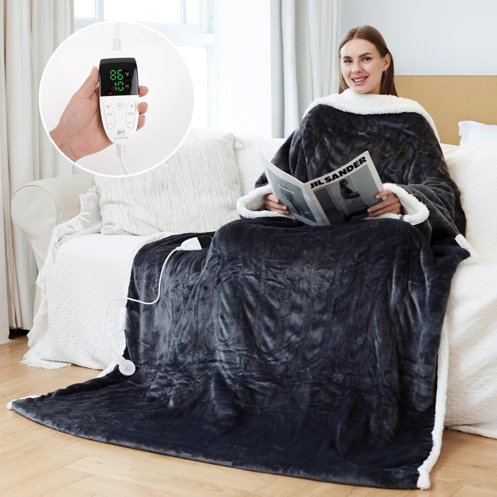 Wearable Heated Blanket - Sherpa Sleeves, Foot Pockets, 6 Heat Settings
