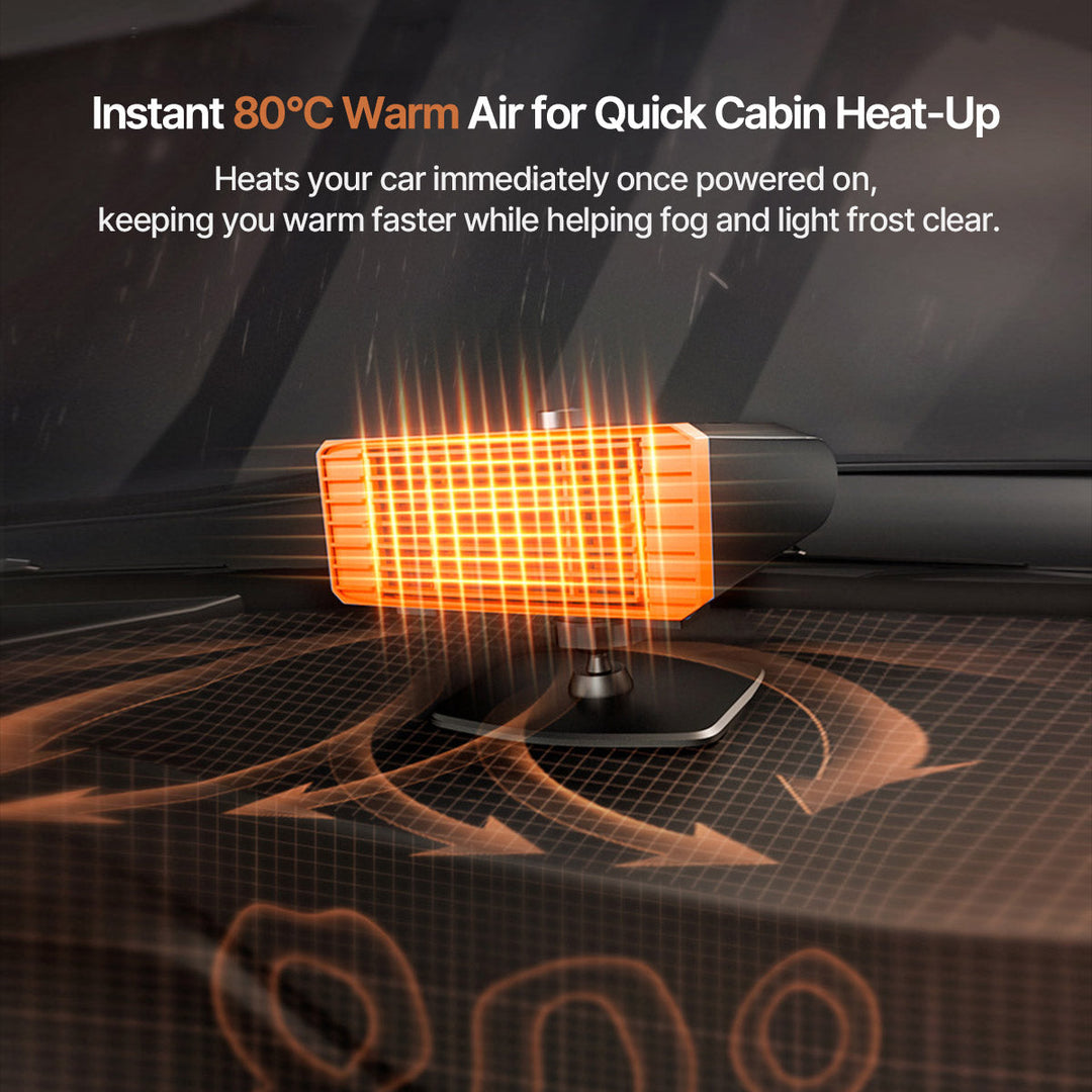 Car Windscreen De-icer Heater | 80°C Heating Power, 360° Swivel, Quiet 20 dB | 12V/24V, Double Safety