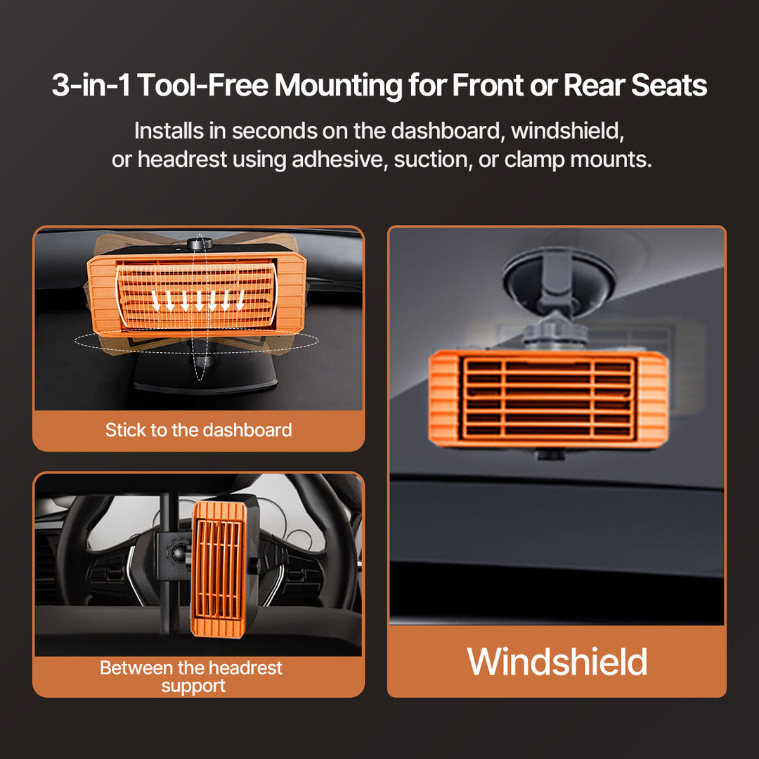 Car Windscreen De-icer Heater | 80°C Heating Power, 360° Swivel, Quiet 20 dB | 12V/24V, Double Safety