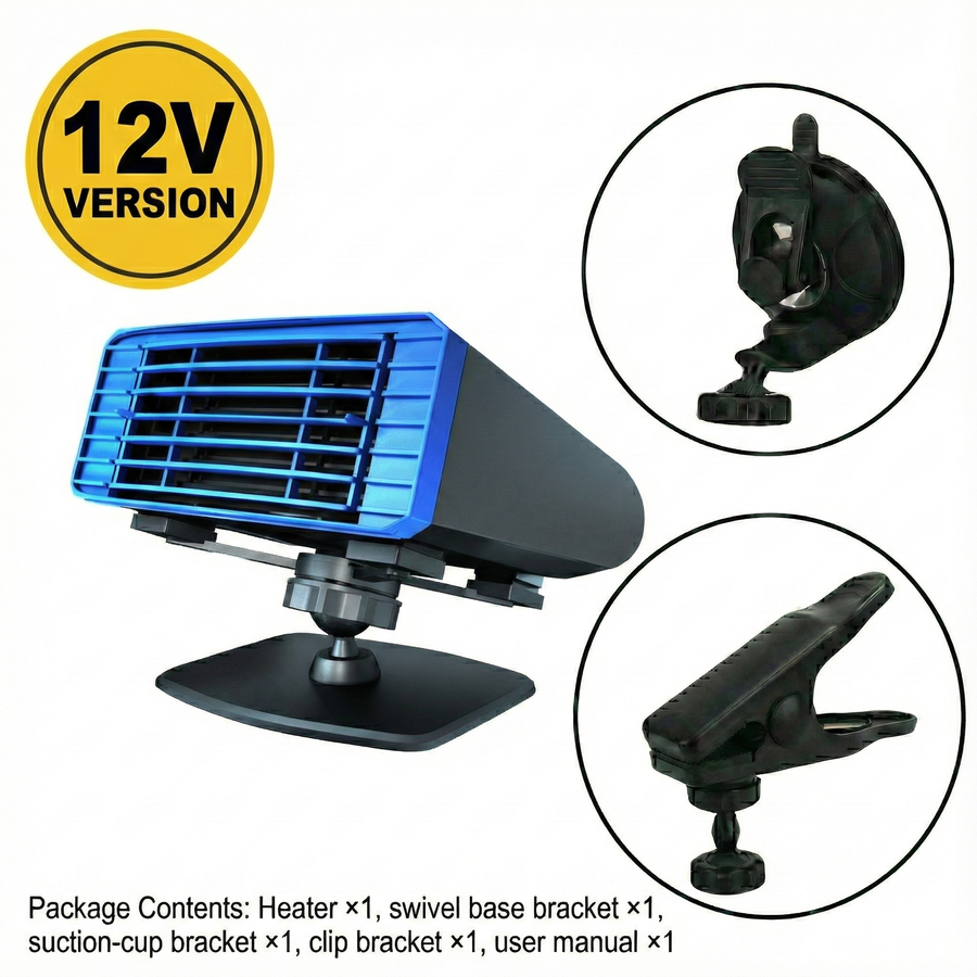 Car Windscreen De-icer Heater | 80°C Heating Power, 360° Swivel, Quiet 20 dB | 12V/24V, Double Safety