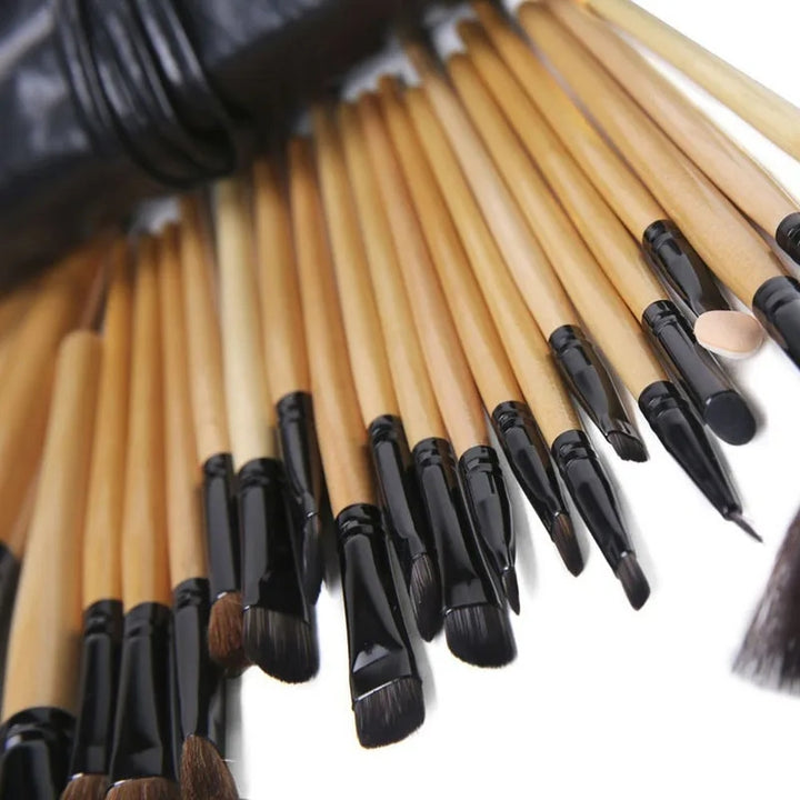 Makeup brush set in roll-up pouch