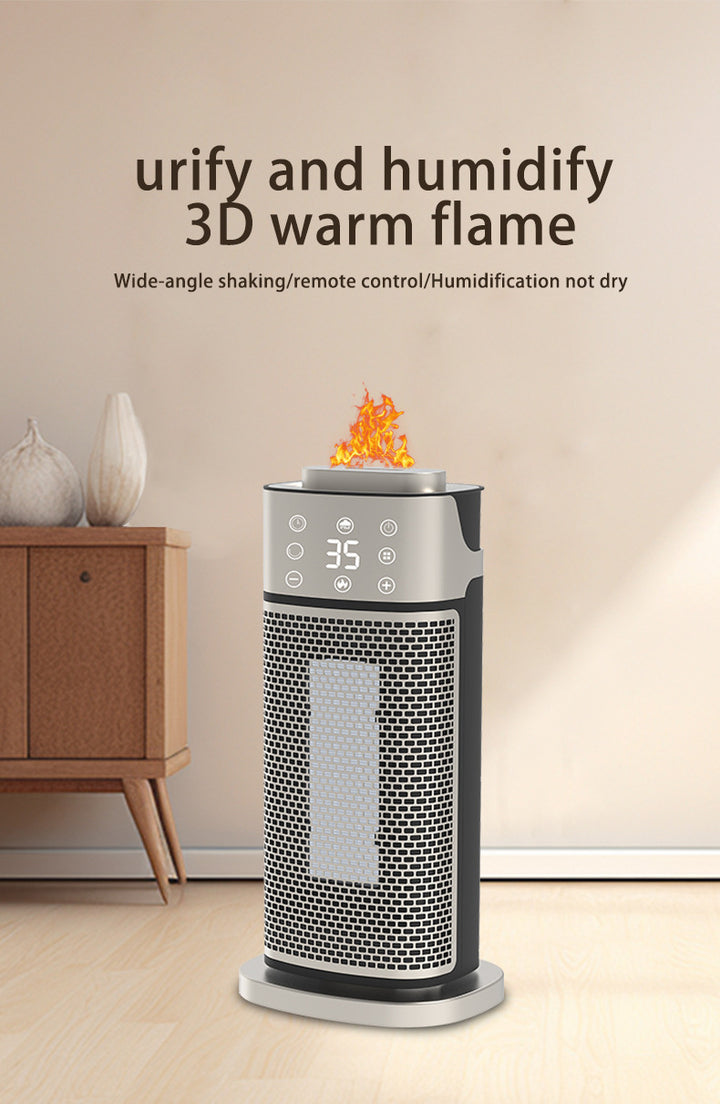 Silver tower heater with flame-effect humidifier