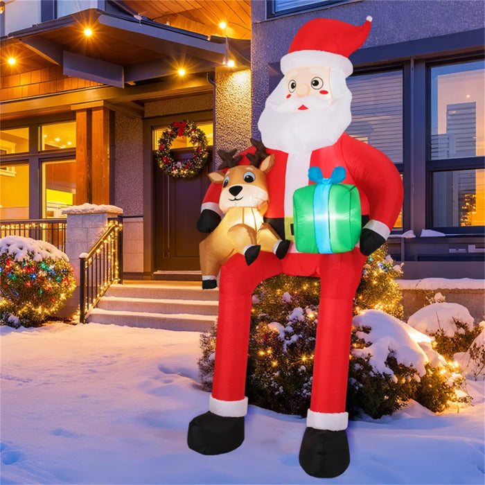 Heat Hollow Inflatable Sitting Santa with Reindeer and Gift Box, 9.5ft