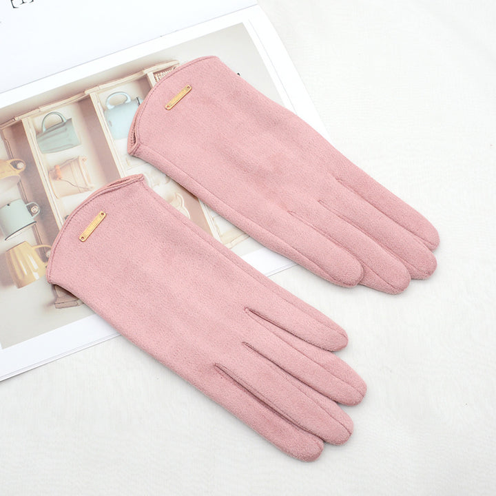 Camel faux suede gloves with gold bar detail