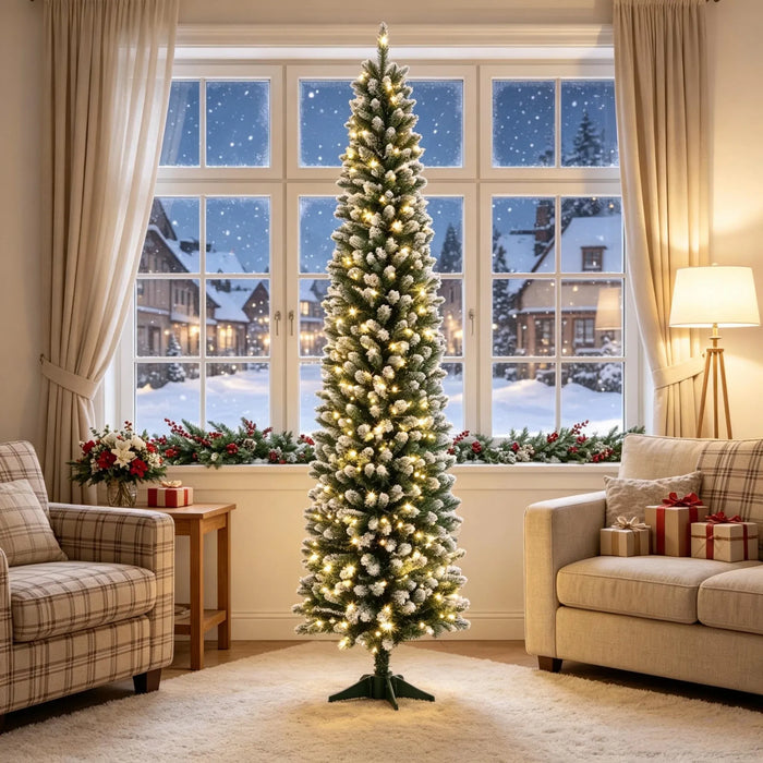 Heat Hollow Frosted Pencil Christmas Tree with 220 LEDs and Remote, 7ft