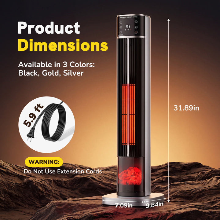 Tall ceramic tower heater with flame-effect panel