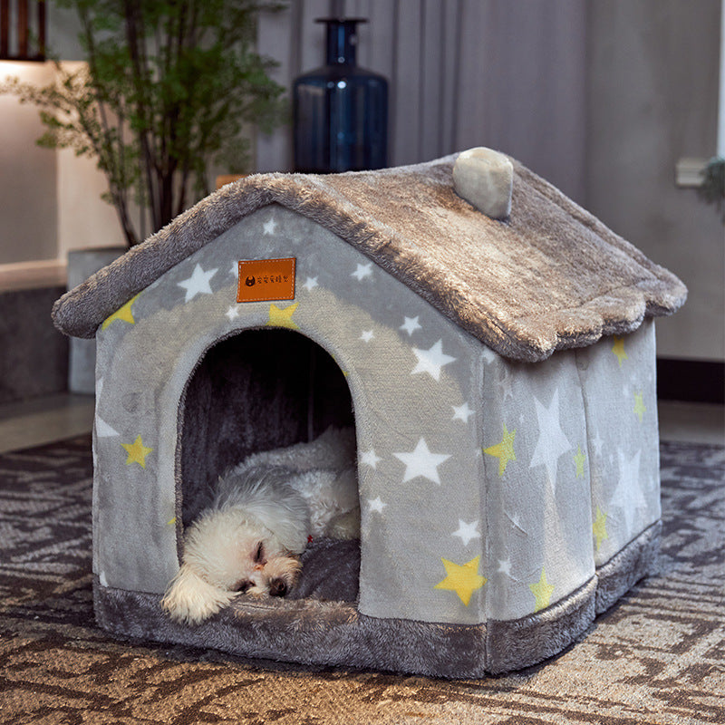 Plush enclosed cat house with cushion