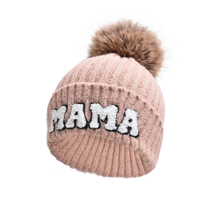 Pink MAMA and MINI beanies with pompoms