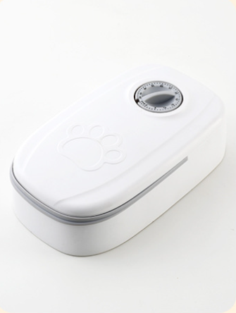 Grey timed pet feeder with dial lid
