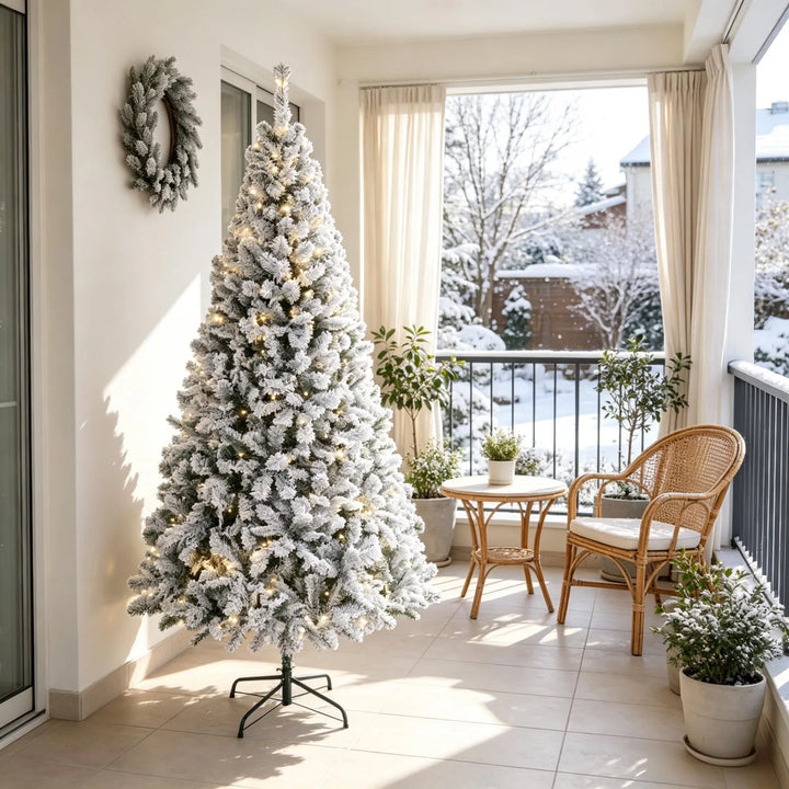 Flocked Fraser fir with warm lights