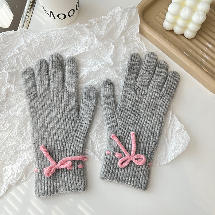 Heat Hollow Ribbed Knit Gloves with a Pretty Bow