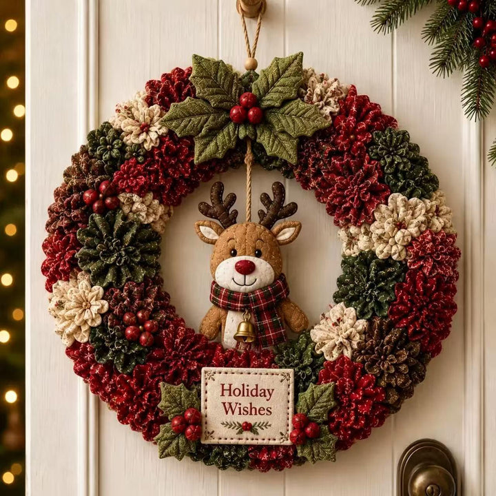 Fabric punch needle Christmas wreath with Santa