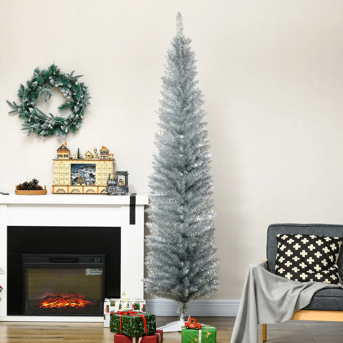 Heat Hollow Silver Slim Pencil Christmas Tree, 7ft Unlit