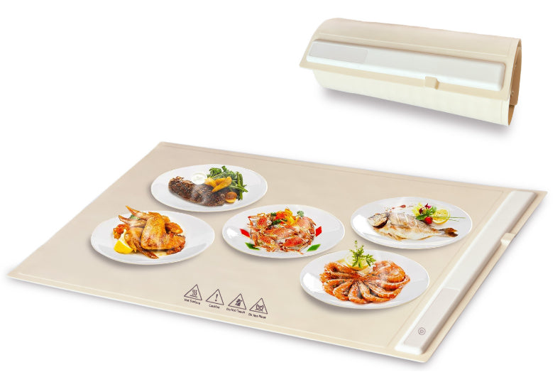 Roll-up graphene food warming mat on table