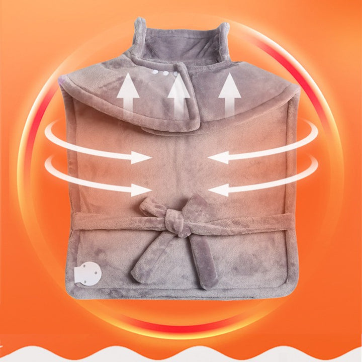 Grey heated flannel shawl over shoulders