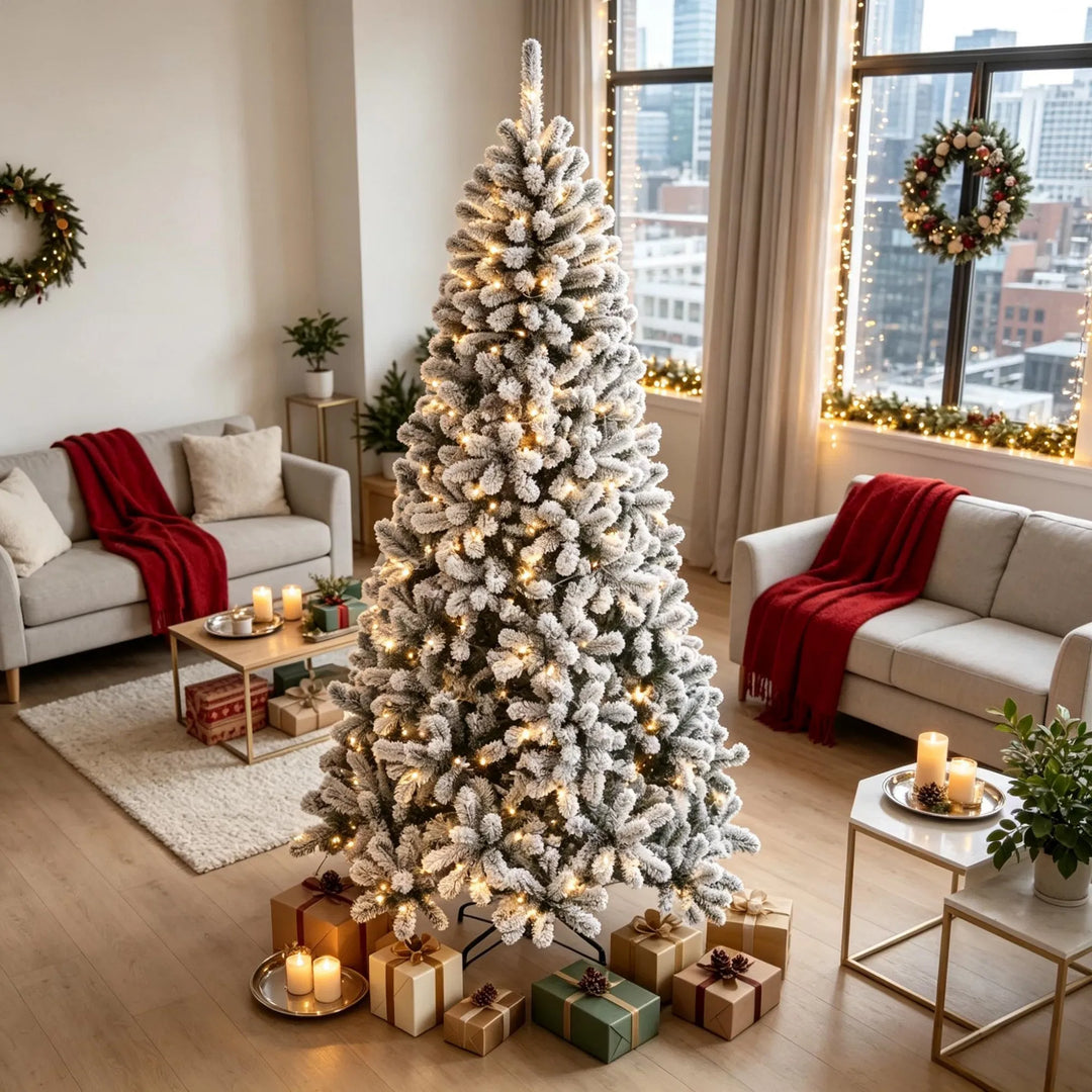 Flocked Northern pine with warm lights