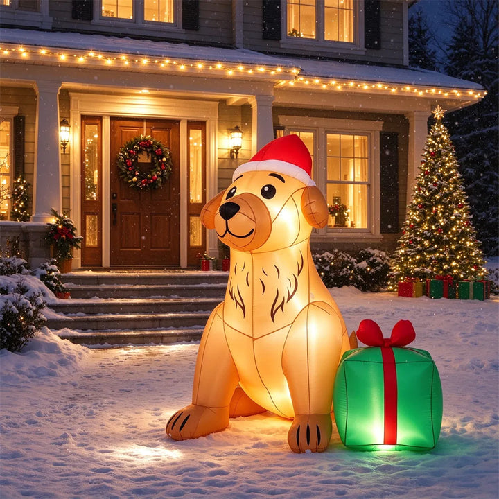 Inflatable golden retriever in Santa hat